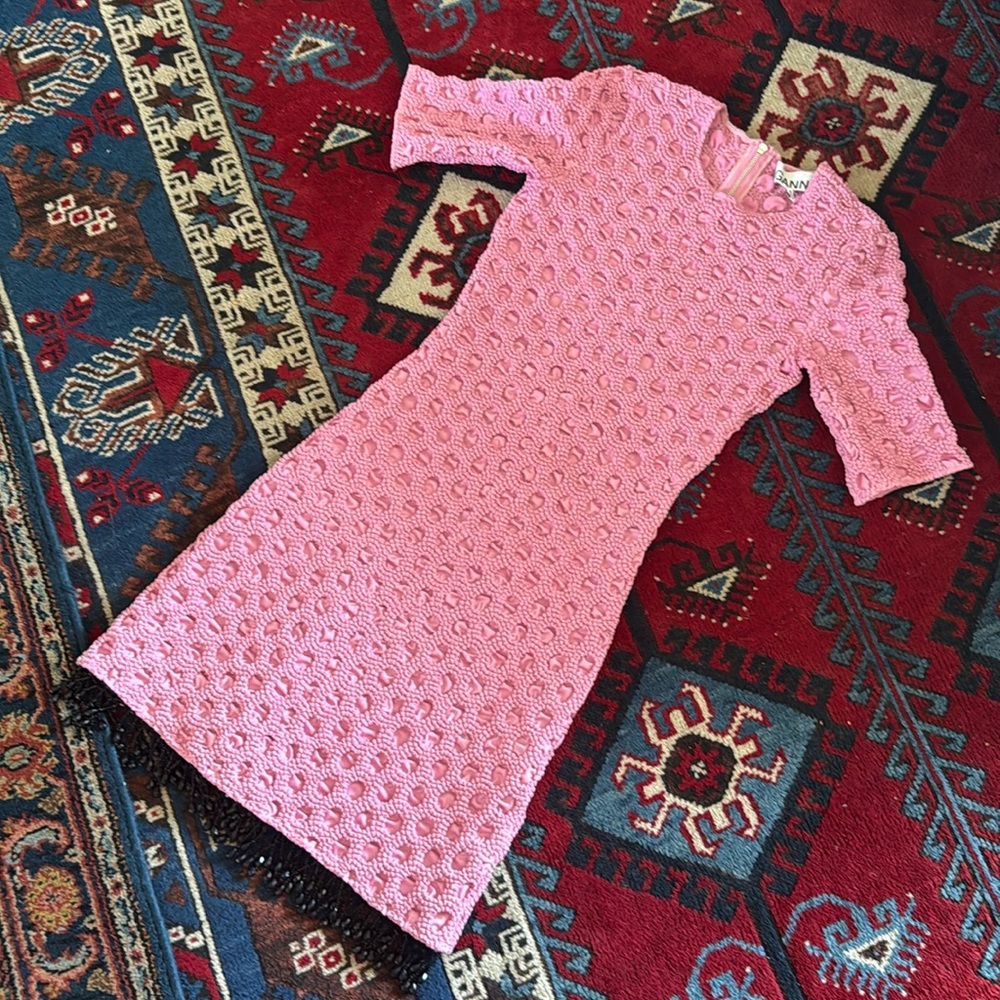 GANNI SMOCKED SATIN BEADED DRESS SZ 34 - Picture 2 of 9